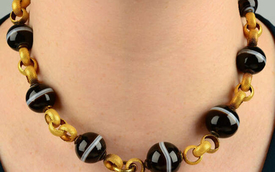 A composite Georgian gold textured belcher-link and 19th century graduated banded agate bead necklace.