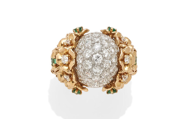 A diamond and emerald bombé ring