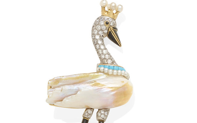 A diamond, pearl, turquoise and enamel swan brooch