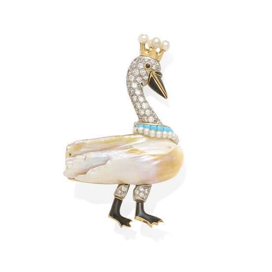 A diamond, pearl, turquoise and enamel swan brooch