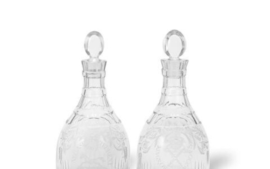 A fine pair of Regimental cut and engraved glass decanters and stoppers, circa 1800