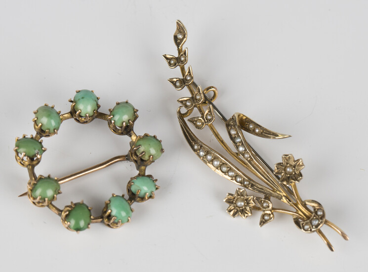 A gold and seed pearl brooch, designed as a floral and foliate spray, detailed '9ct', widt