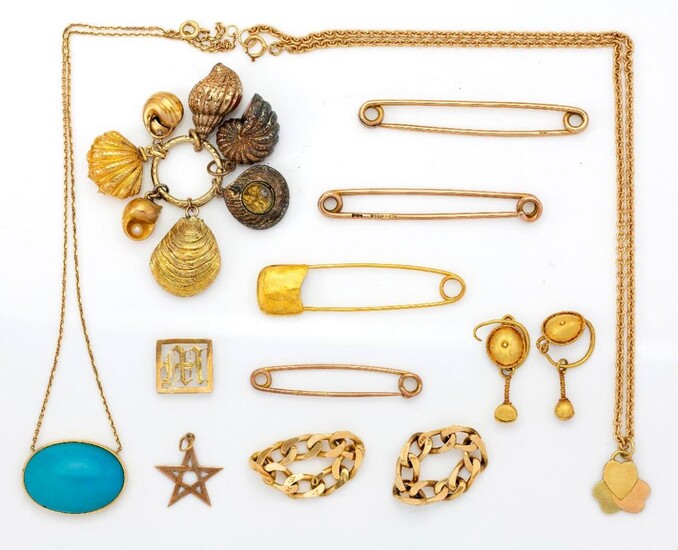A group of jewellery, comprising: four gold safety pin brooches, two with Chester hallmarks for 9ct gold, one stamped 9ct, one unmarked, approximate gross weight 13.6 grams; a gold belcher link necklace stamped 18K suspending an 18ct gold triple...