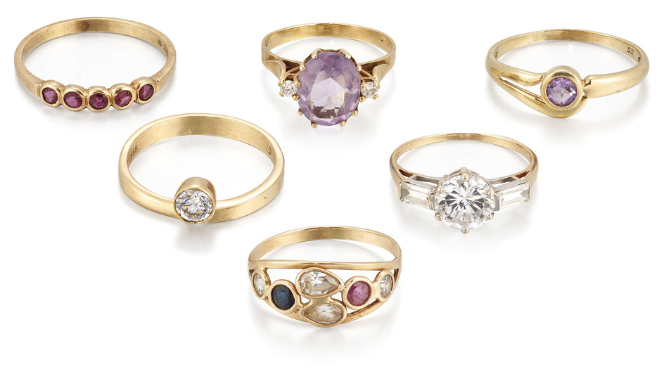 A group of six Continental rings, comprising: an Austrian amethyst...