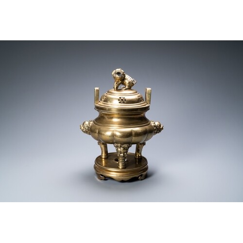 A large Chinese bronze censer and cover on stand, Xuande mar...