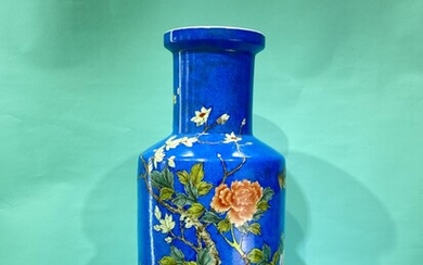 A large”FenCai” 粉彩 famile rose blue ground vase handpainted...