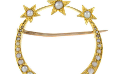 A late 19th century 15ct gold split pearl star and crescent brooch.