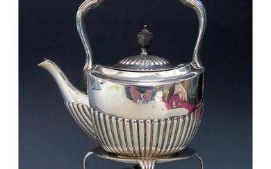 A late Victorian silver bachelors tea kettle stand and burne...