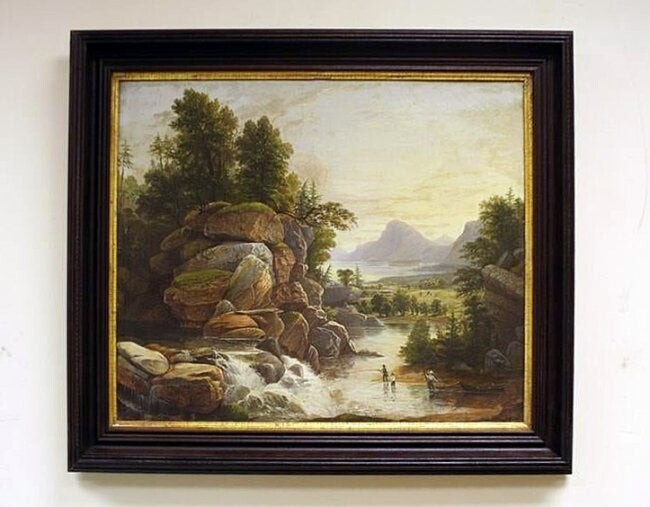 A mid 19th century oil landscape of 3 men fishing