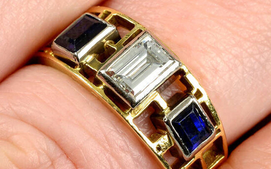 A mid 20th century 18ct gold rectangular-shape diamond and sapphire openwork ring, by John Donald.