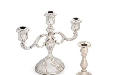 A mid 20th century German metalwares silver 3 light candelabra together with a single candlestick