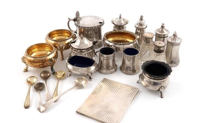 A mixed lot of silver and electroplate, comprising silver items: a folding photograph fame, by Asprey & Co, London 1958, hinged rectangular form with ribbed decoration, a George III salt cellar, London 1817, oval form, gilt interior, a mustard pot, by...