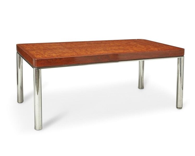 A modern chrome and olive burlwood dining table Circa 1970s 29" H x 72" W x 36" D