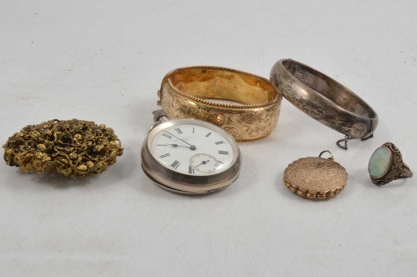 A musical jewel box with vintage costume jewellery, pocket watch.