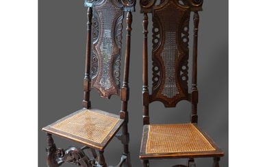 A pair of 19th Century oak Jacobean style side chairs, each ...