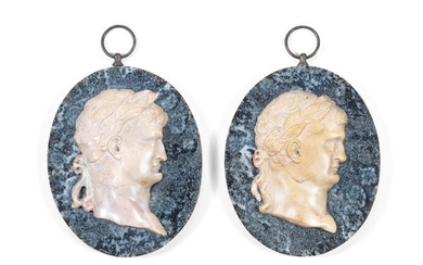 A pair of 19th century Italian 'Grand Tour' Giallo Antico marble portrait reliefs of Roman emperors