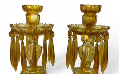 A pair of 19th century amber cut glass table lustres With s...