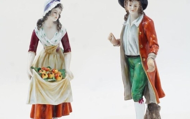 A pair of German porcelain figures, late 19th / early 20th century, depicting a farmer and a fruit seller, naturalistically painted on rocky bases, indistinct blue underglaze mark to underside, tallest 26cm high (2)