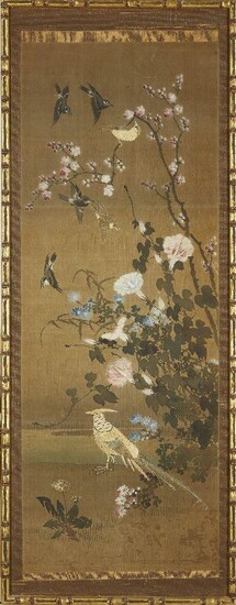 A pair of Japanese watercolours with embroidered detail, 20th century, ink and colour on silk, depicting birds and flowers, in giltwood faux bamboo frames, 135 x 52 cm overall (2)