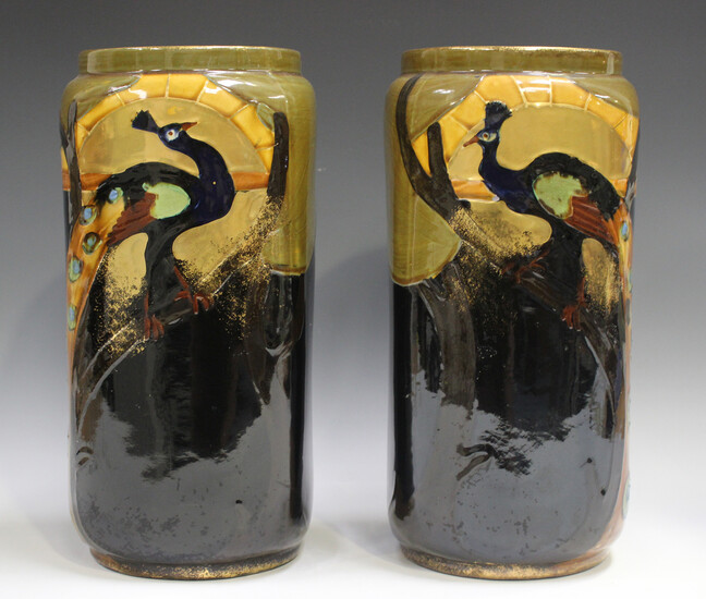 A pair of Thomas Forester & Sons Phoenix Ware vases, early 20th century, each decorated with a p