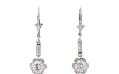A pair of brilliant-cut diamond drop earrings, with rectangu...
