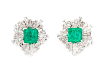 A pair of emerald, diamond and platinum earrings
