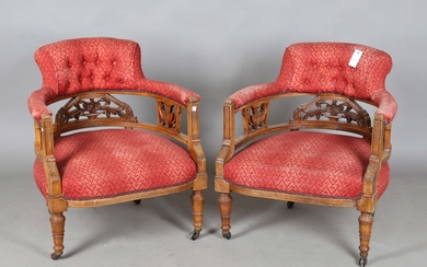 A pair of late Victorian Aesthetic Movement walnut framed tub back salon chairs, height 75cm, width