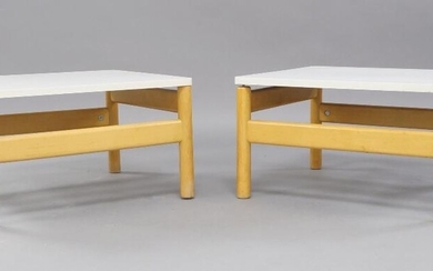 A pair of modern beechwood tables, with white laminate tops, 37cm high, 66cm wide, 59cm deep (2)