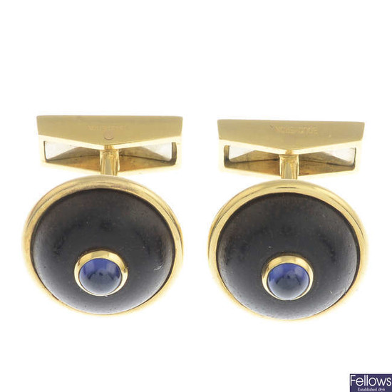 A pair of sapphire cabochon and brown coral cufflinks