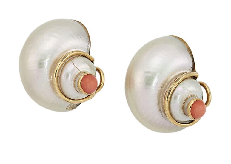 A pair of shell earrings, by Trianon, designed as white shells, umbonian elegans, each set with single coral, corallium rubrum, collet, signed Trianon and numbered 19294, length 2.6cm