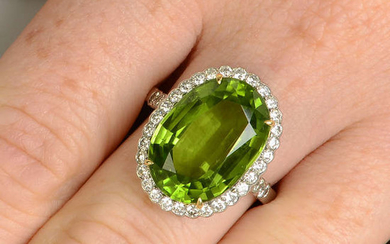 A peridot and diamond cluster ring.