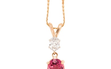 A pink tourmaline, diamond and 14k gold pendant necklace