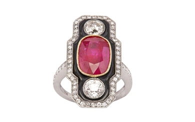 A ruby, black enamel and diamond dress ring