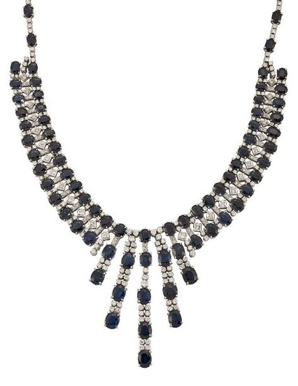 A sapphire and diamond fringe necklace, the triple...
