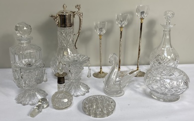 A selection of table glassware, including a silver plate mounted claret jug, a pair of candlestick