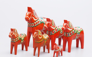 A set of 6 DALA horses, carved and painted wood 20th century.