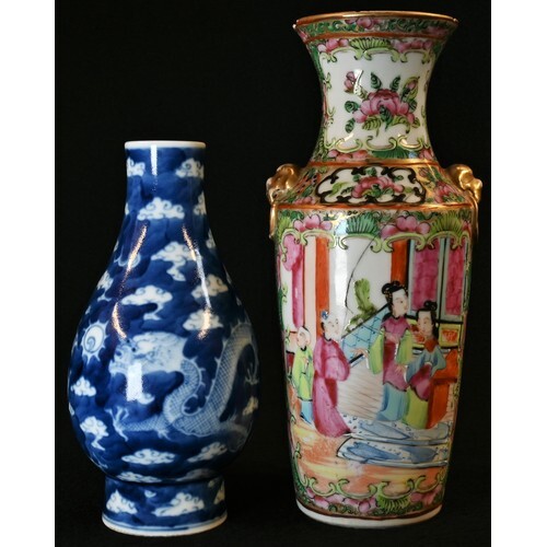 A small Chinese baluster vase, painted in underglaze blue wi...