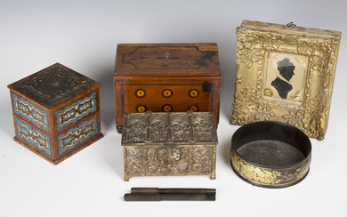 A small group of collectors' items, including a 19th century painted silhouette, the reverse ti