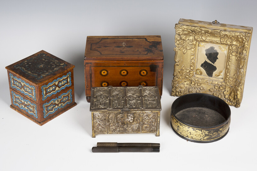 A small group of collectors' items, including a 19th century painted silhouette, the reverse ti