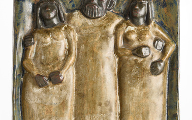 ÅKE HOLM. Wall relief, “Lot and his daughters”, signed, glazed stoneware.
