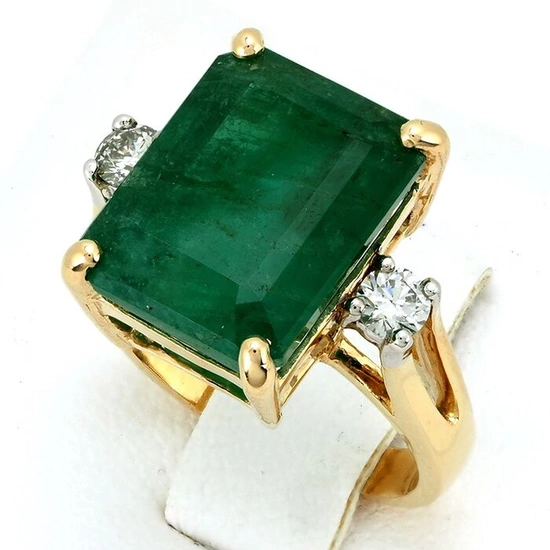ALGT Certified - 9.83 Cts - Deep Green Emerald Gemstone - 0.28 Cts - 2 Pcs (M, Faint Gray)-vs - 14 kt. Bicolour - Ring - 9.83 ct Emerald - Diamonds