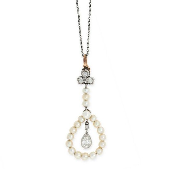 AN ANTIQUE DIAMOND AND PEARL PENDANT AND CHAIN set with