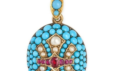 AN ANTIQUE TURQUOISE, RUBY AND PEARL LOCKET / PENDANT in yellow gold, the oval domed body set