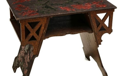 AN EARLY 20TH C PYROGRAPHY FOLK ART LIBRARY TABLE