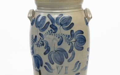 AN EXUBERANTLY DECORATED STONEWARE A & W BOUGHNER (GREENSBORO, PA) SIX GALLON CHURN.