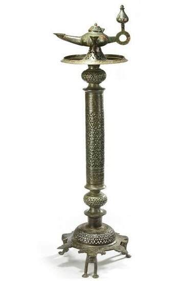 AN ISLAMIC OPENWORK OIL LAMP AND STAND, CENTRAL ASIA, 12TH-13TH CENTURY