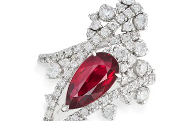 AN UNHEATED RUBY AND DIAMOND RING set with a pear ...