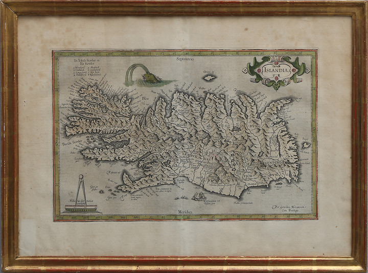 ANTIK KARTA.DELVIS HANDKOLORERAD KARTA AV MERCATOR ÖVER ISLAND CA. 1610.