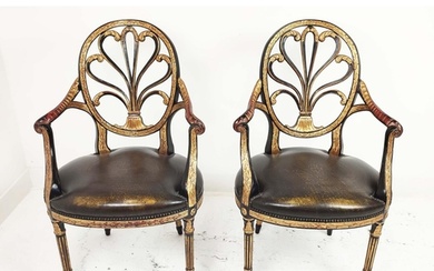 ARMCHAIRS, a pair, George III style ebonised and gilt framed...