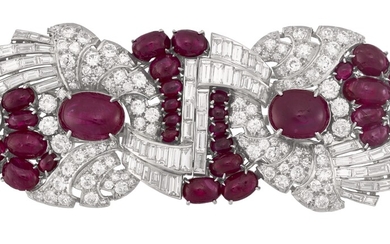 ART DECO RUBY AND DIAMOND DOUBLE-CLIP BROOCH